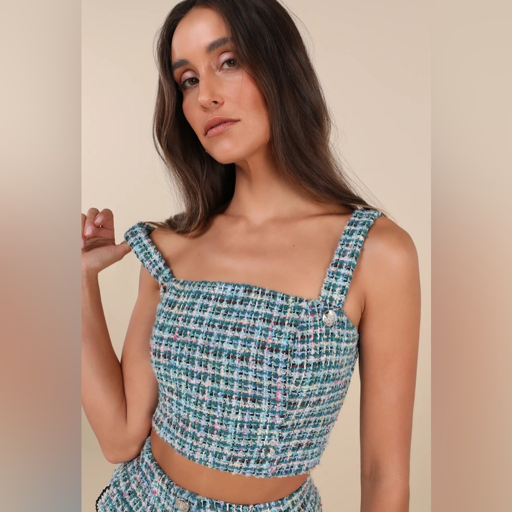 Lulus NWT Playfully Teal Green Multi Boucle Tweed Cropped Tank Top Silver Button